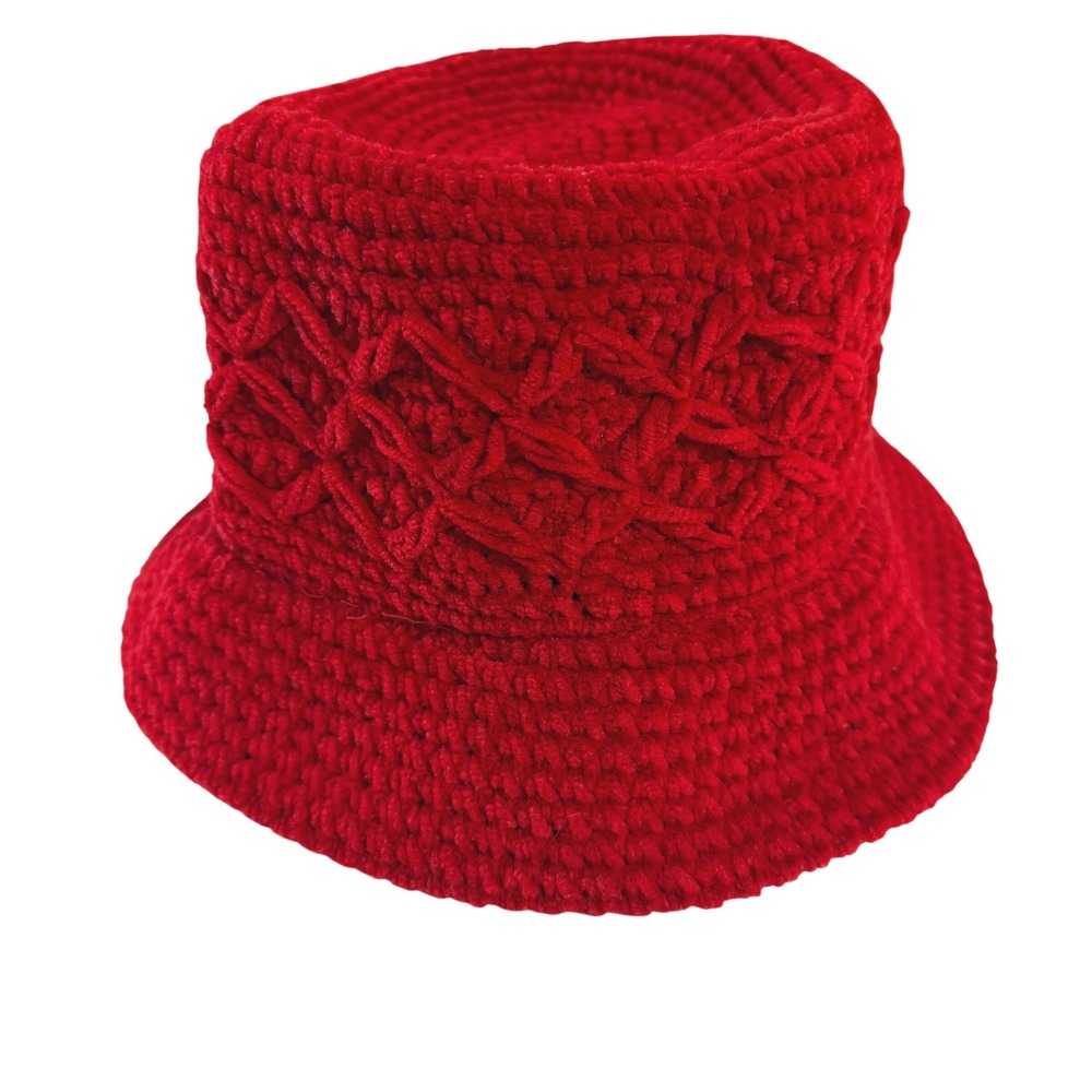 Vintage 90s Red Hat Society Scala Knit Bucket Hat Handmade Red Chenille Crochet